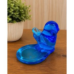 Leo Ward Signed Art Glass Blue Bird of Happiness‎ Figurine Dish 1992 Vintage
